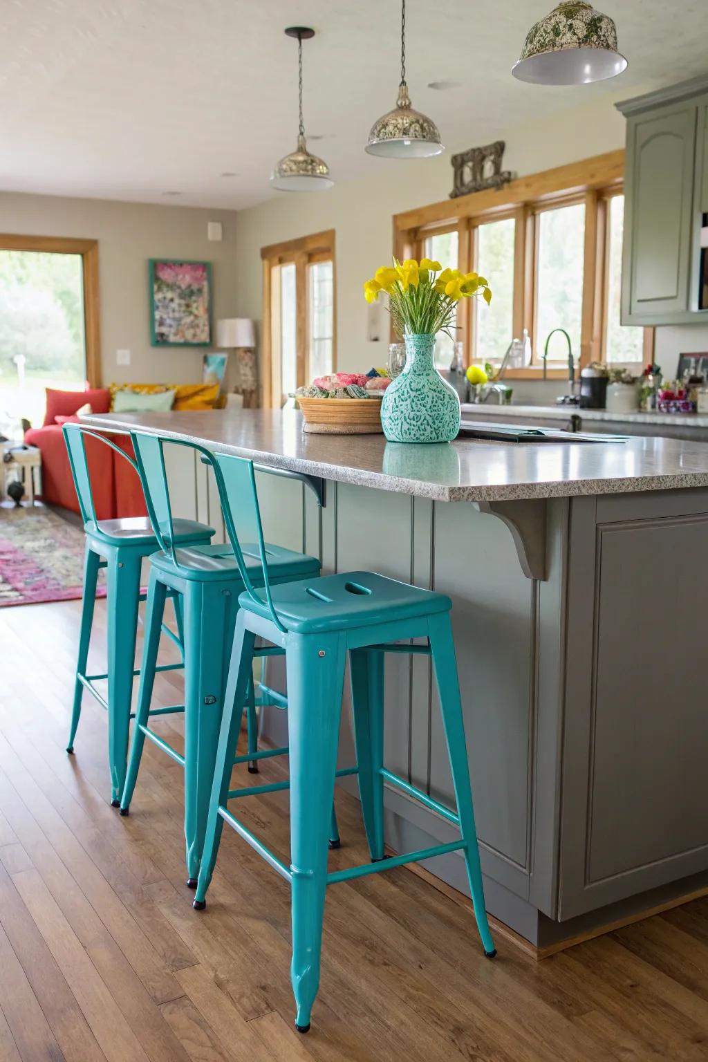 Azure breakfast bar stools incorporate a playful splash of colour to the cooking area.