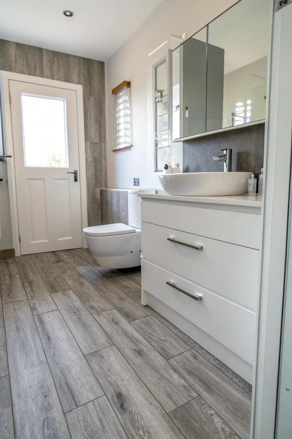 Grey wood-look flooring adds warmth and natural texture.