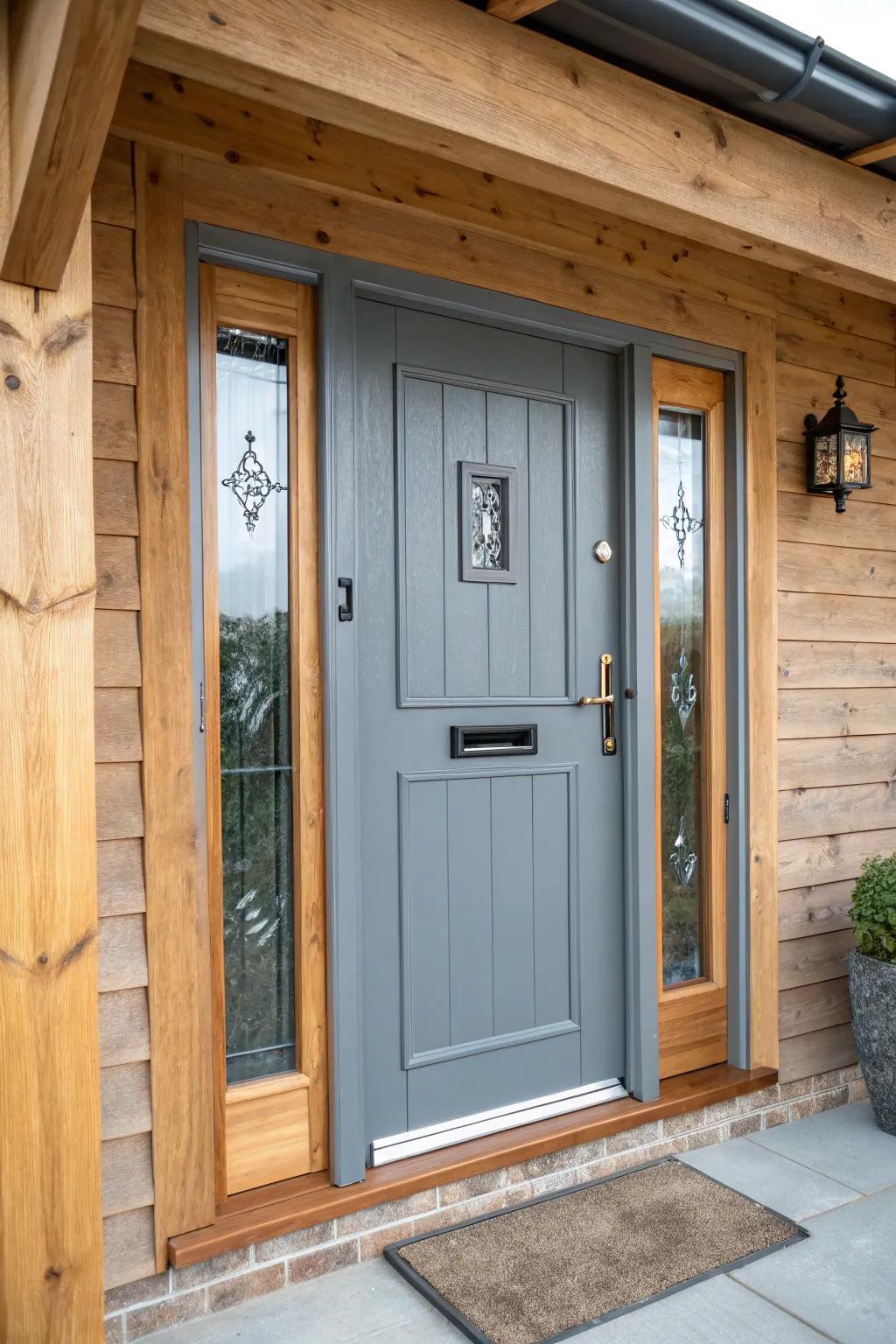 Neutral slate-tone paired using warm shades crafts a cozy entrance.
