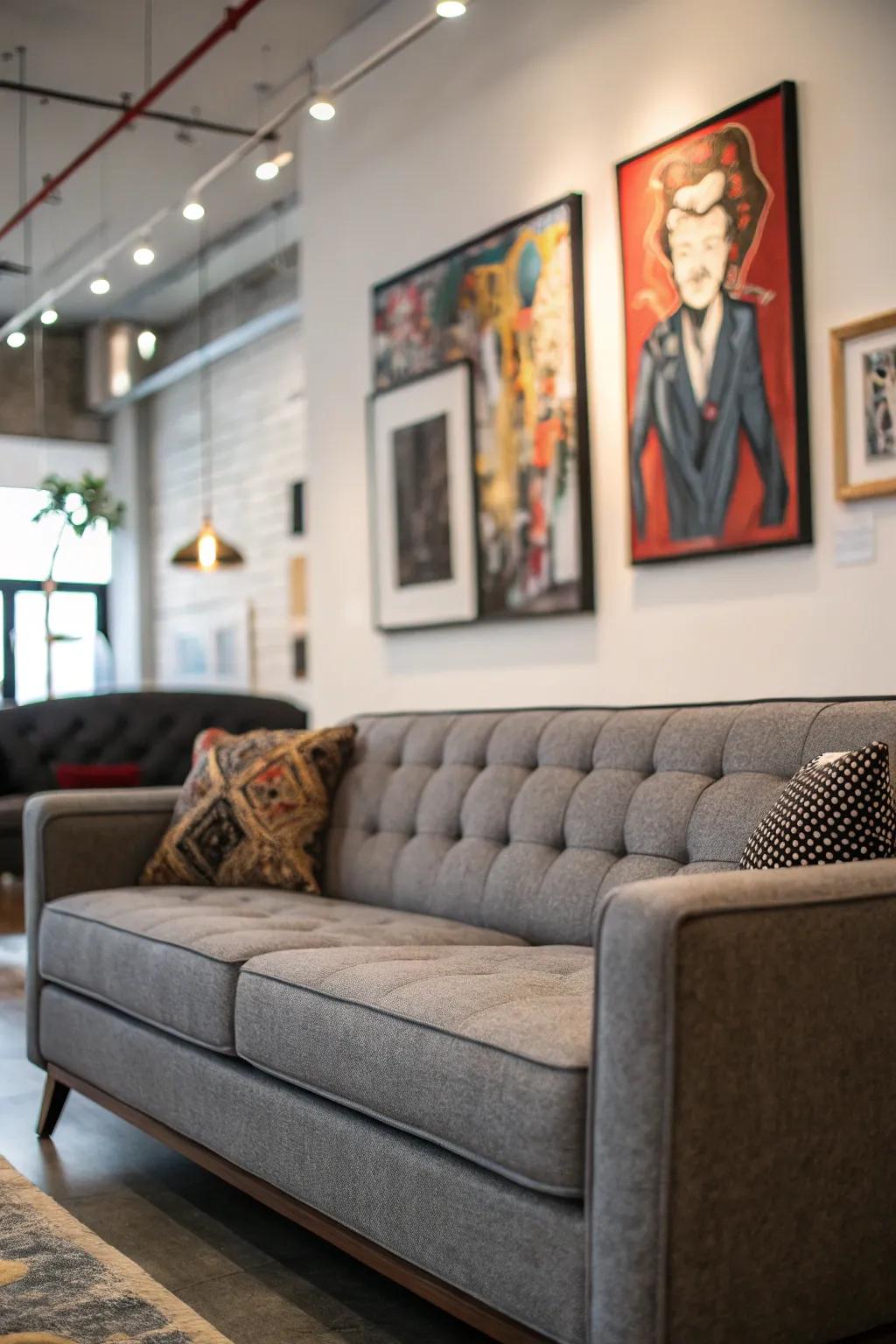 A striking artwork elevates the gray sofa setting.