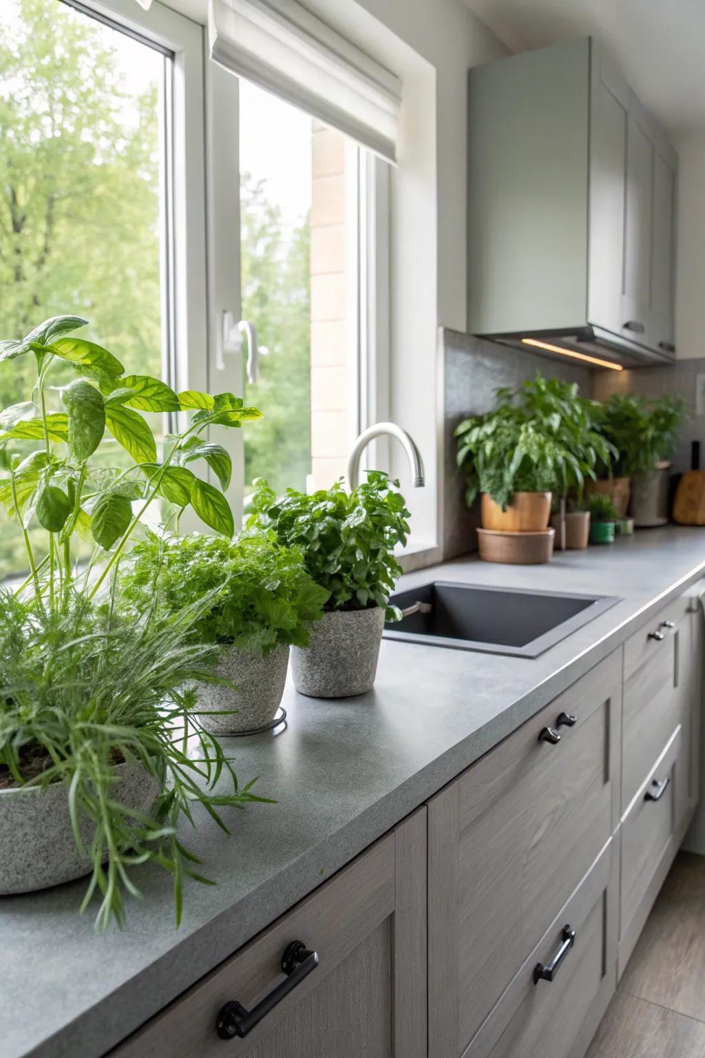 Grey countertops beautifully matched with vibrant green plants.