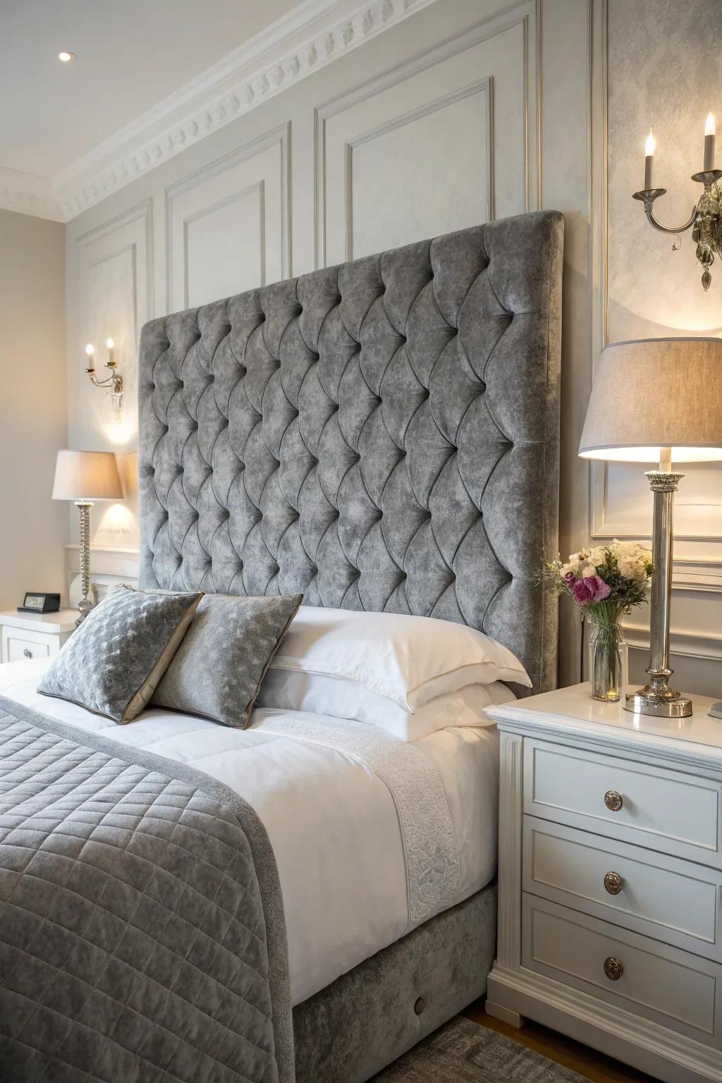 A stylish bedroom featuring a grey soft folded headboard.