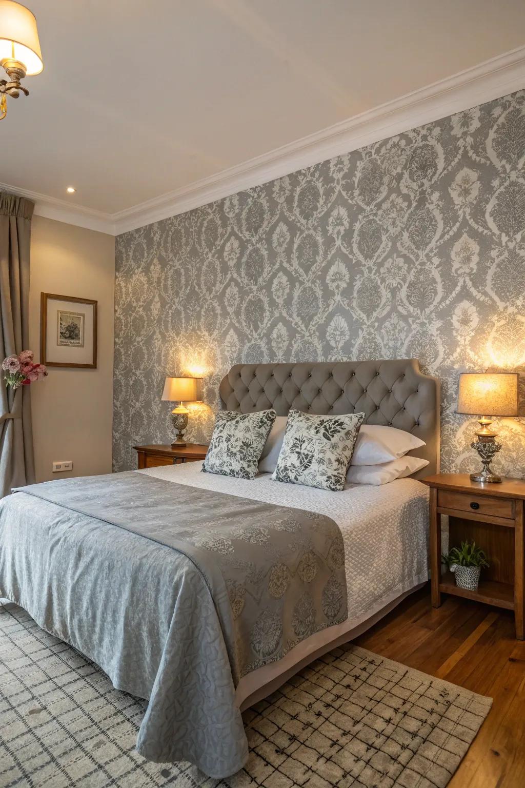Patterns inject an energetic twist into a grey furniture setup.