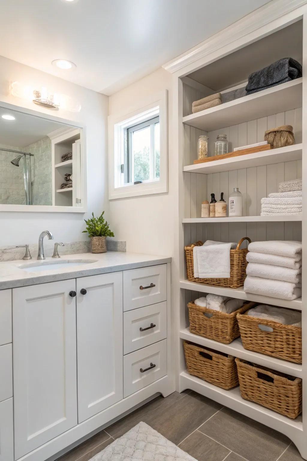 Smart stowing choices keep this guest bathroom arranged and stylish.