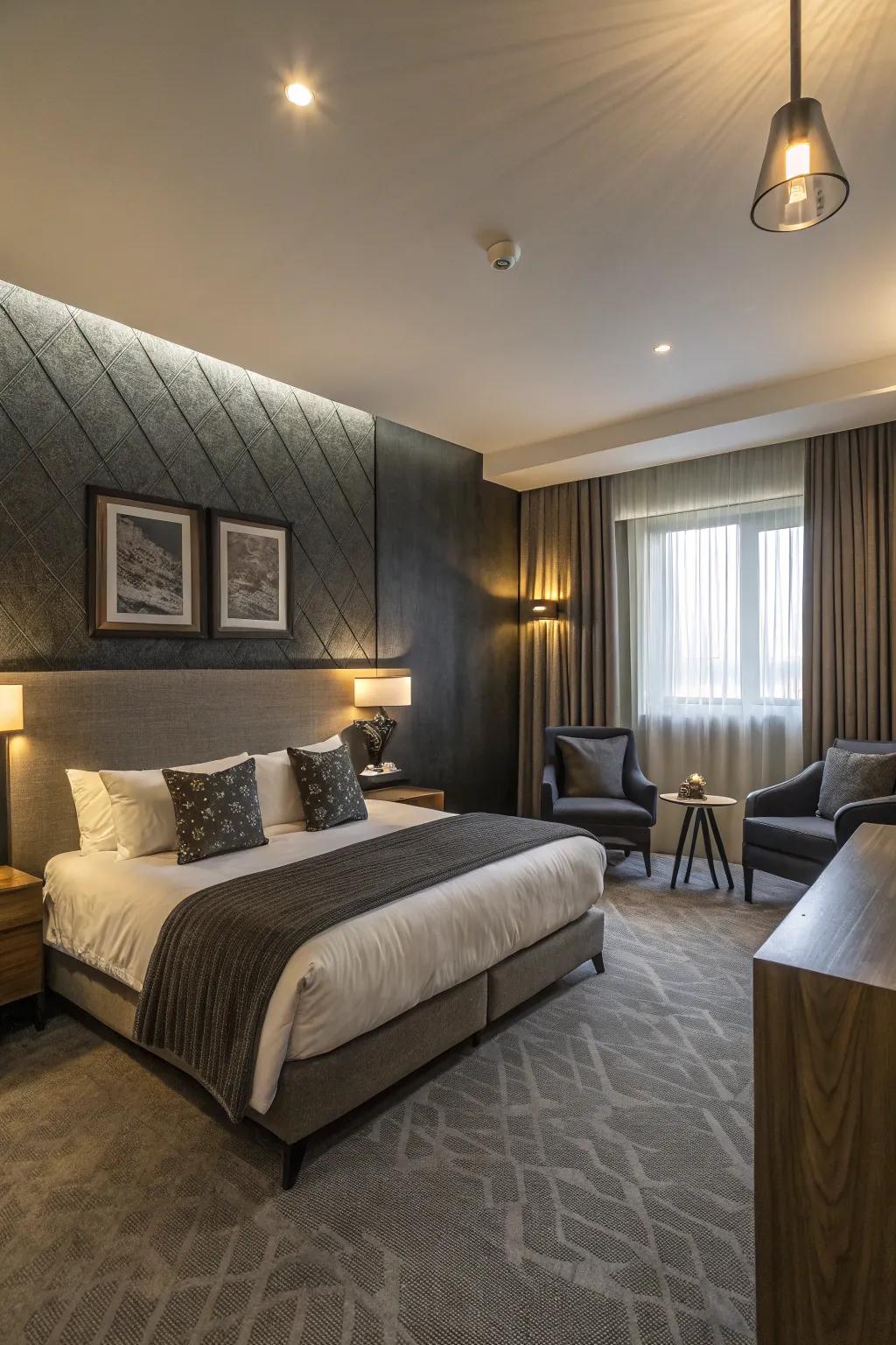 A stylish guest room featuring striking charcoal contrasts.