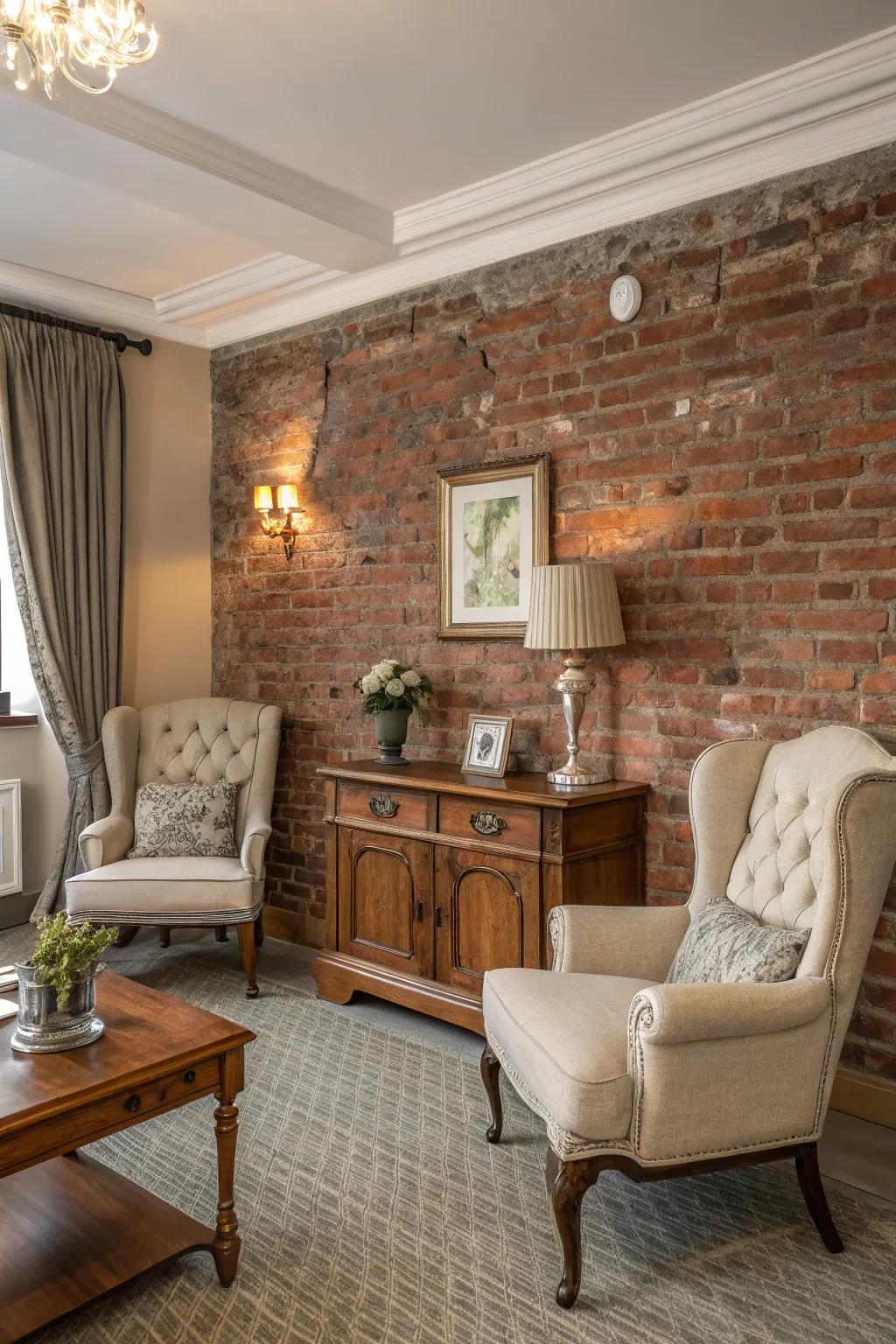 A longstanding room showcasing classic furnishings and a brick face.