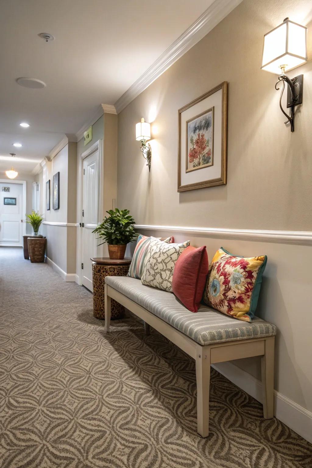 A seating nook adds comfort and style to your hallway.