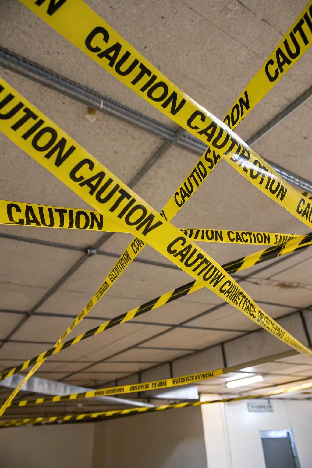 Hazard ribbon suspended from the ceiling for a haunting sensation.