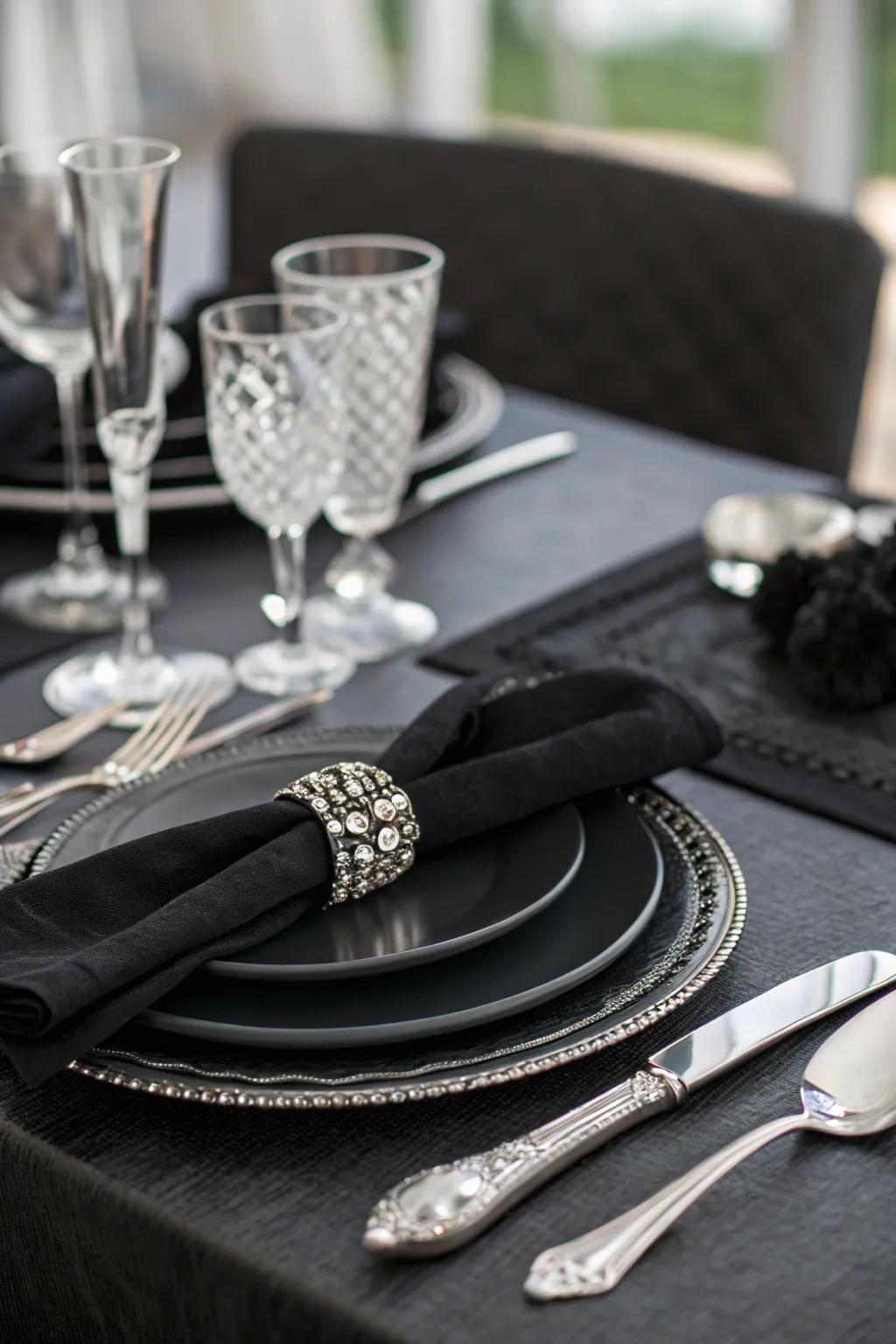 A striking monochrome table setting with a touch of elegance.