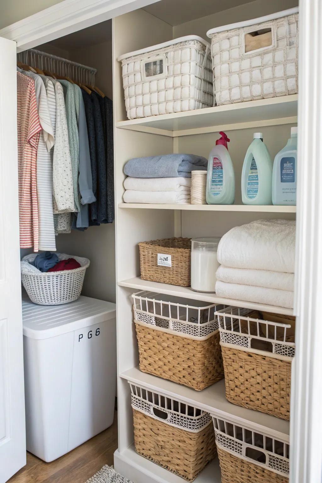 Baskets and containers ensure a space that is well-arranged.