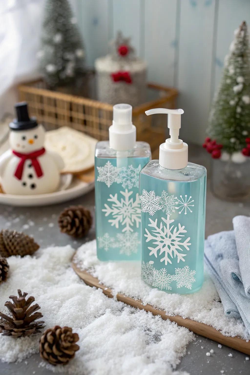 Elegant hand cleanser with snowflake designs