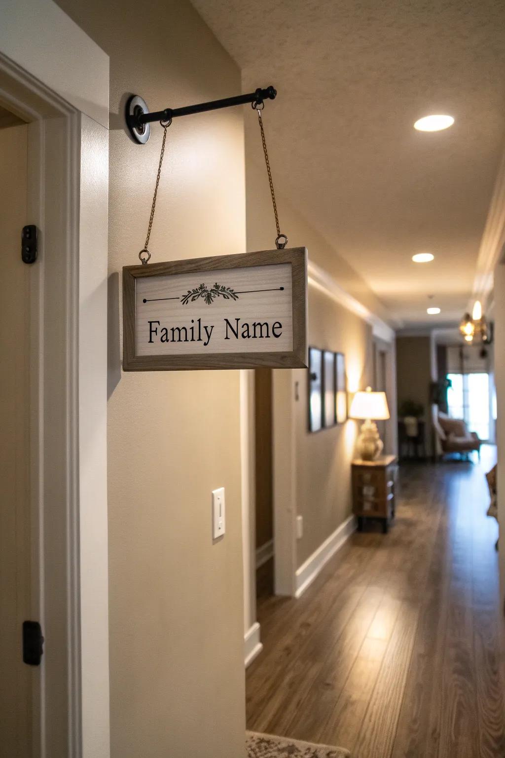 A family name sign that gives a personal detail to an inviting corridor.