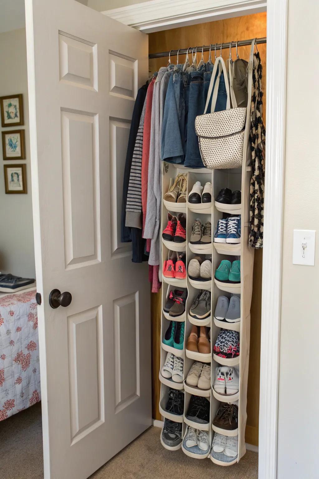 Keep shoes neat and accessible with an organizer that hangs on the door.
