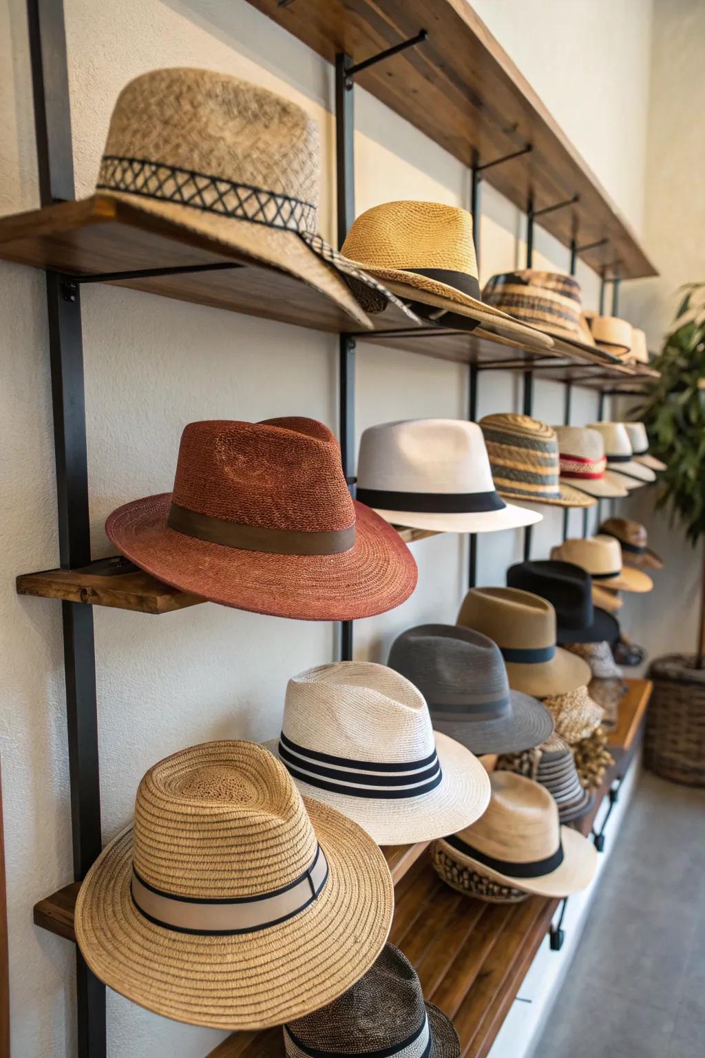 Floating shelves offer a clean and modern way to display hats.