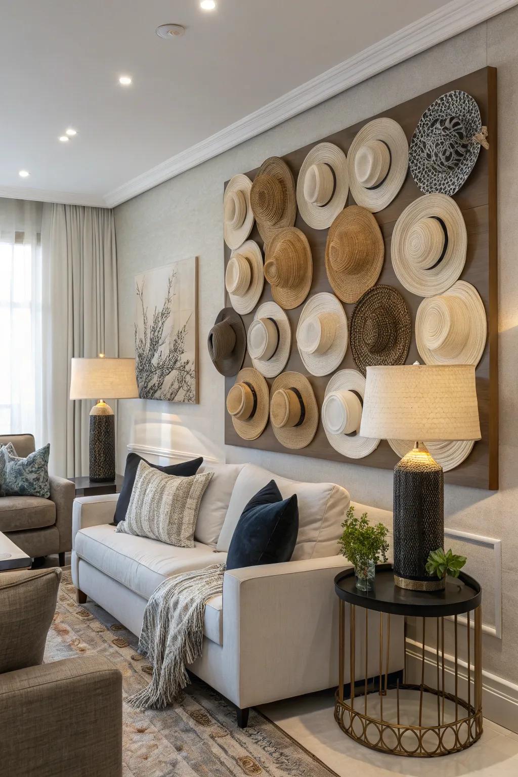 Hats used as decorative wall art.