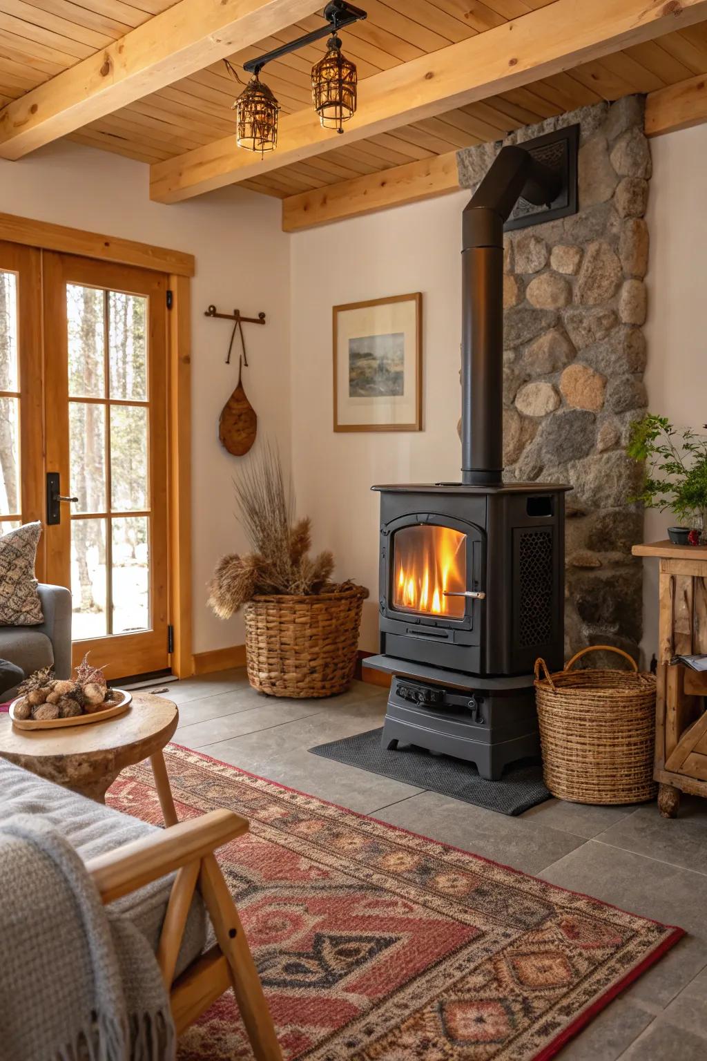A welcoming living room featuring a compressed sawdust heater, excellent for both sustainable and rustic heating.