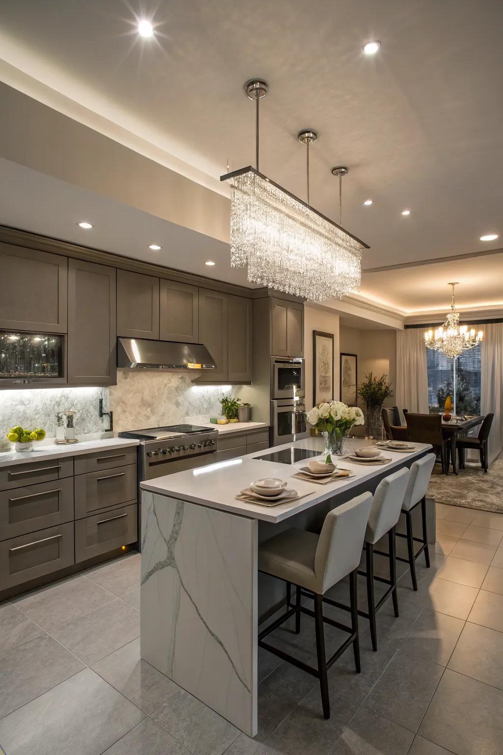 Modern illumination emphasizes the cooking area’s features while keeping elegance.