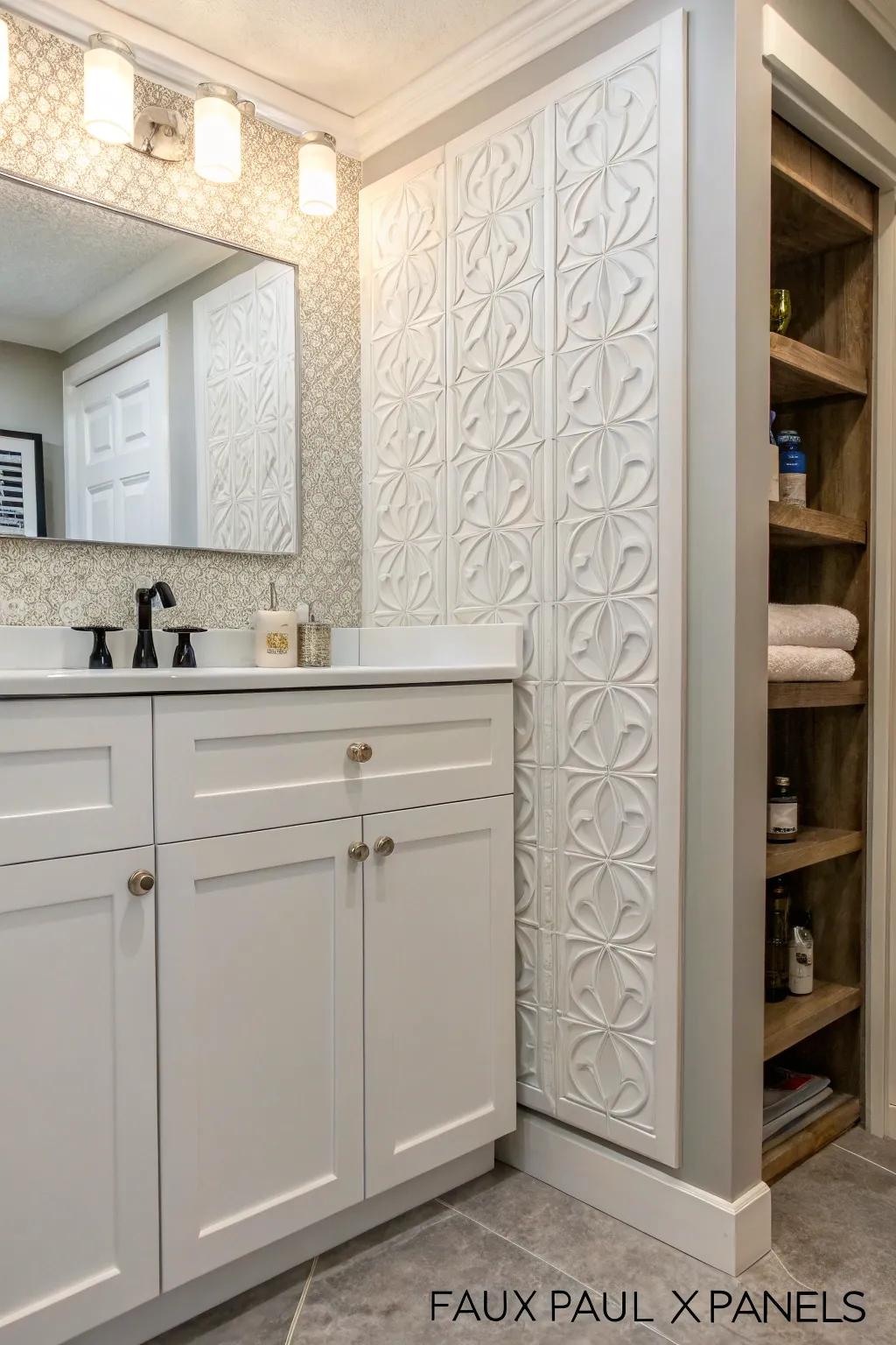 Faux wall panels concealing a hidden storage cabinet.