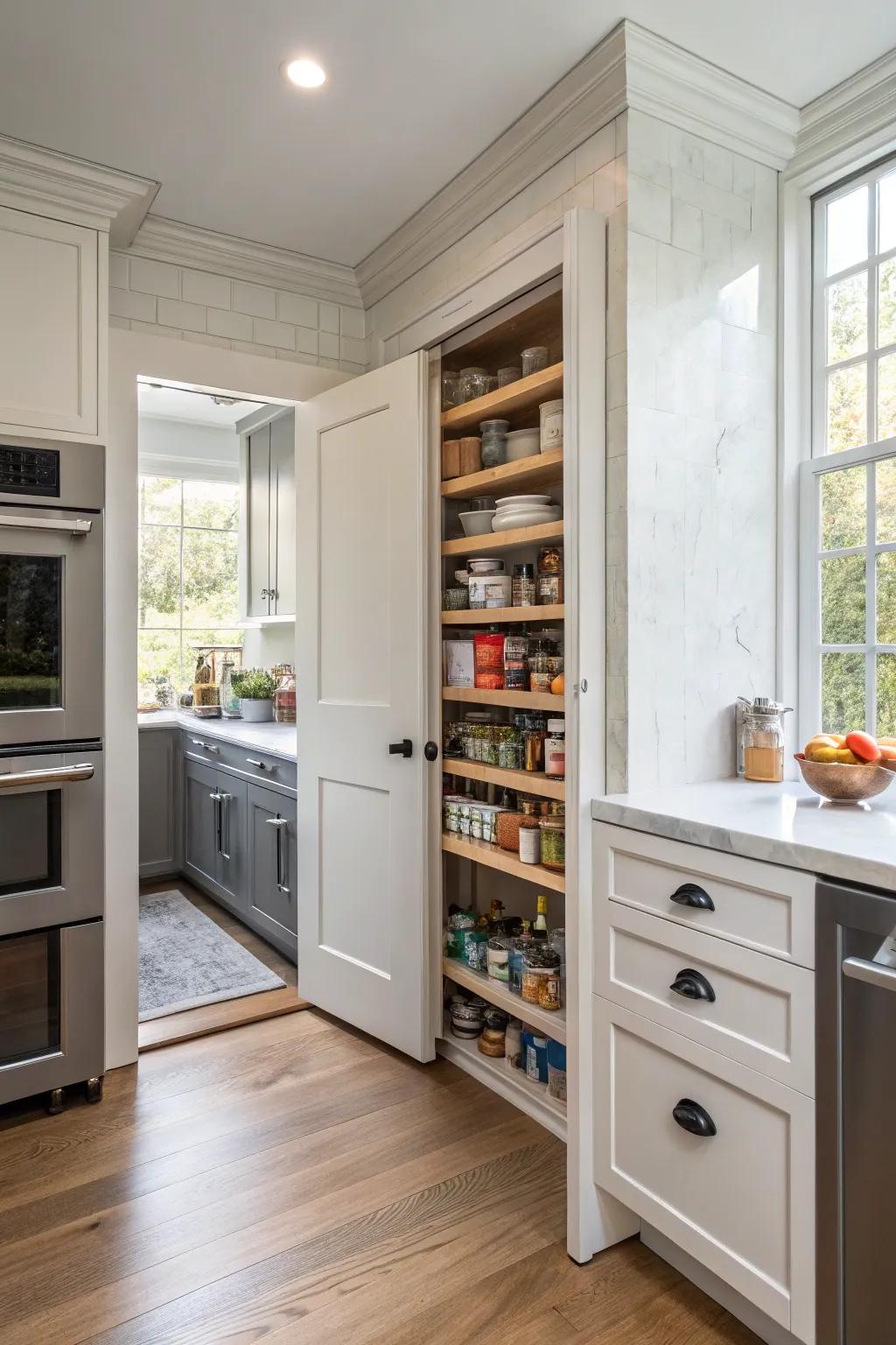 A walk-in pantry concealed behind a cleverly masked cooking area entrance.