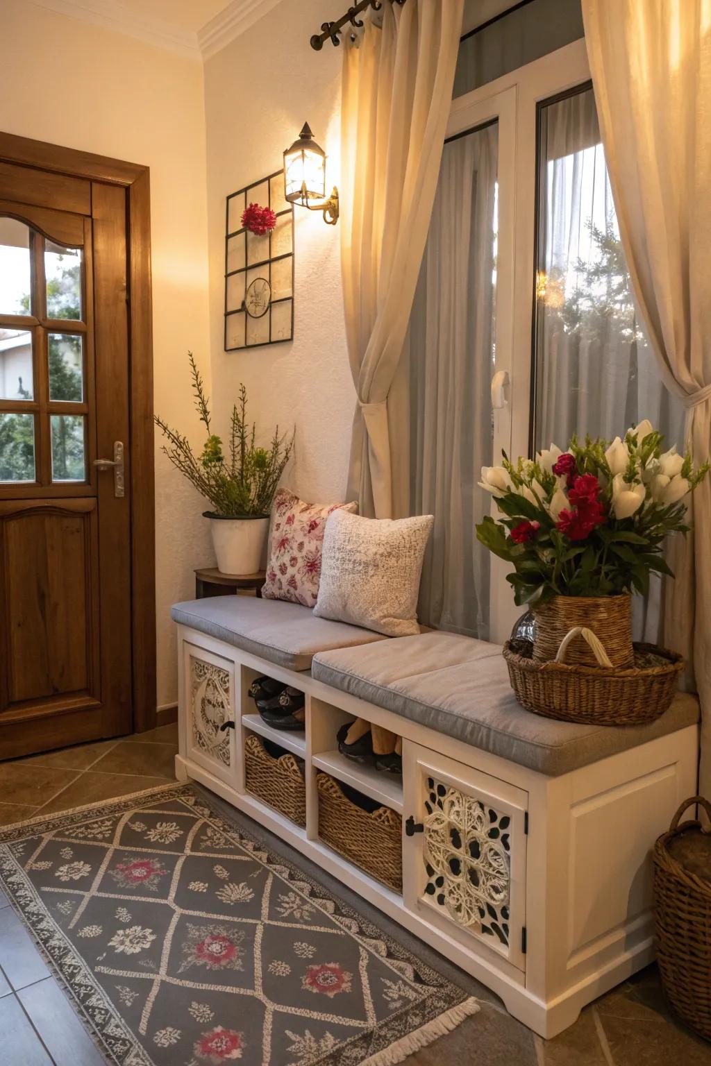 Footwear storage benches provide multiple uses for entryways.
