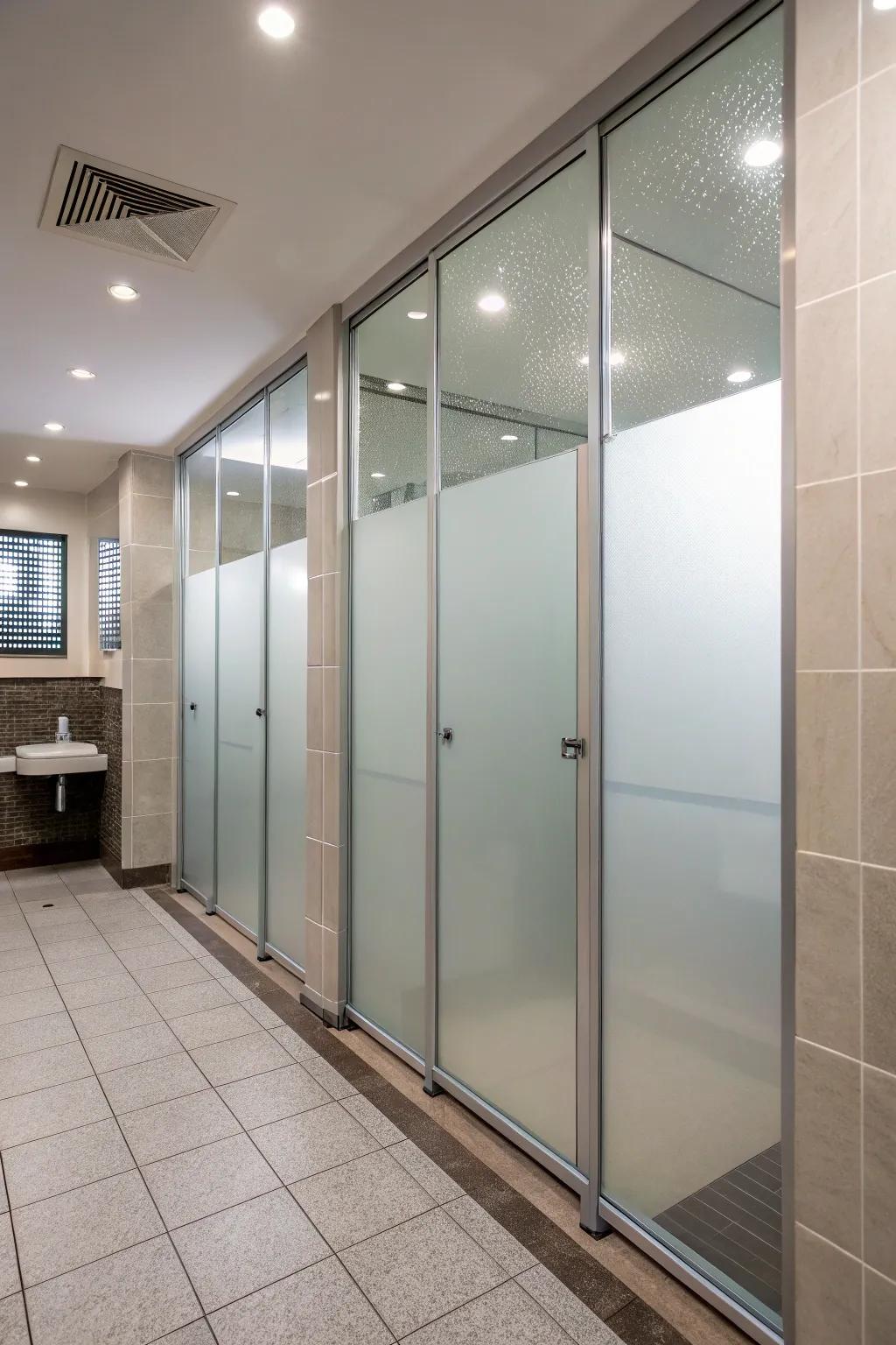 Etched glass partitioning imparts privacy and radiance within a concealed shower.