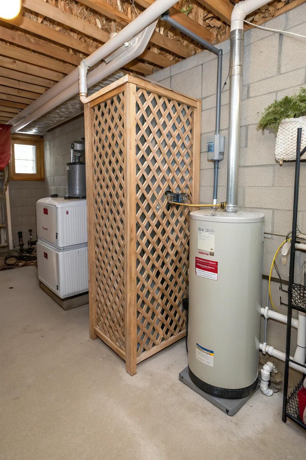 A lattice screen providing a breezy barrier for utility features.