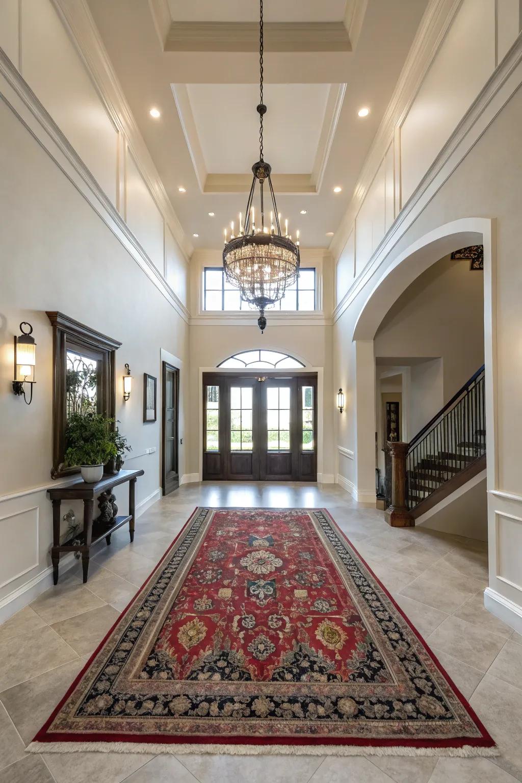 A statement rug anchors the space and adds texture.