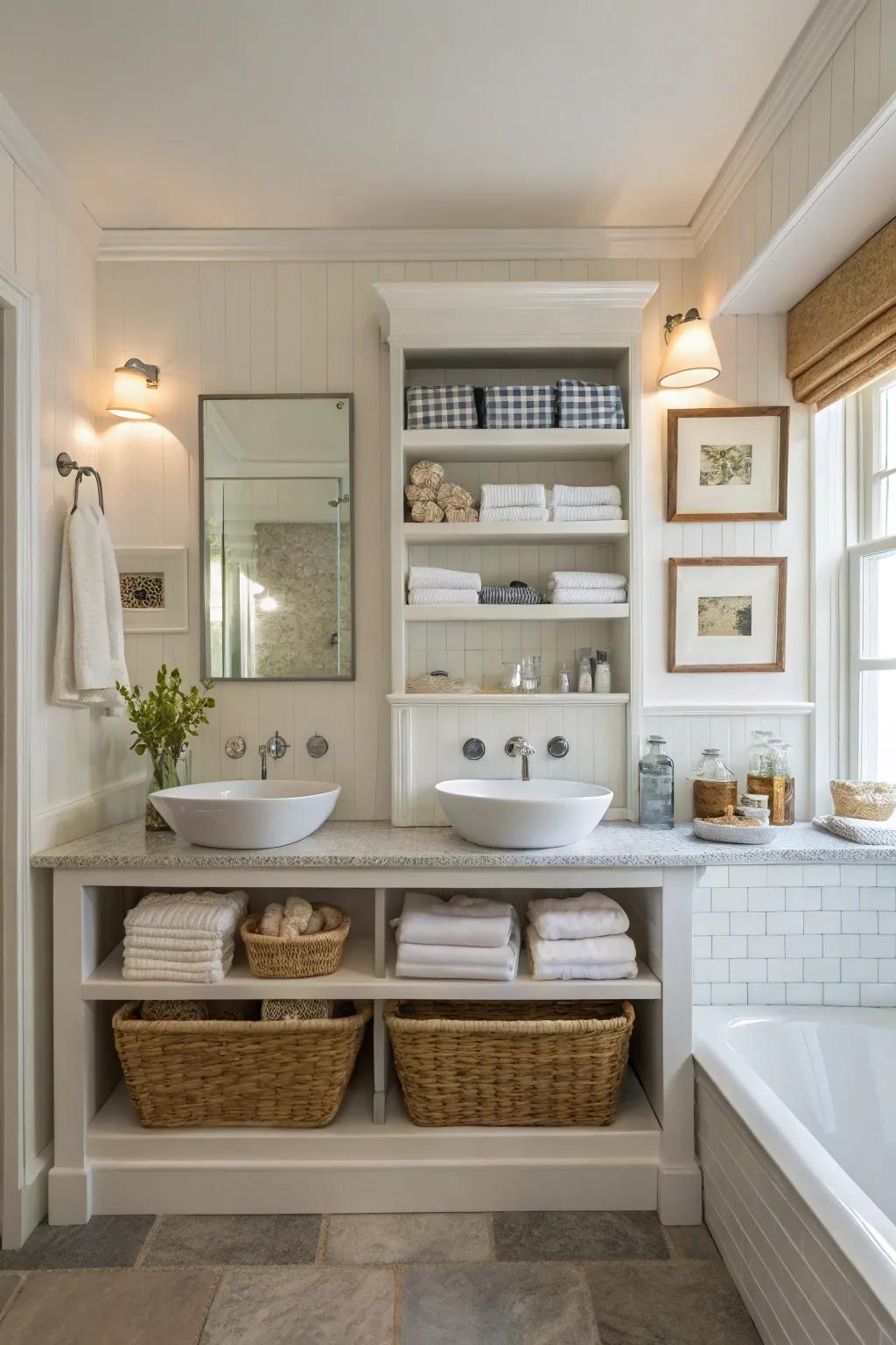 A bathroom with functional open shelving and stylish dual sinks.