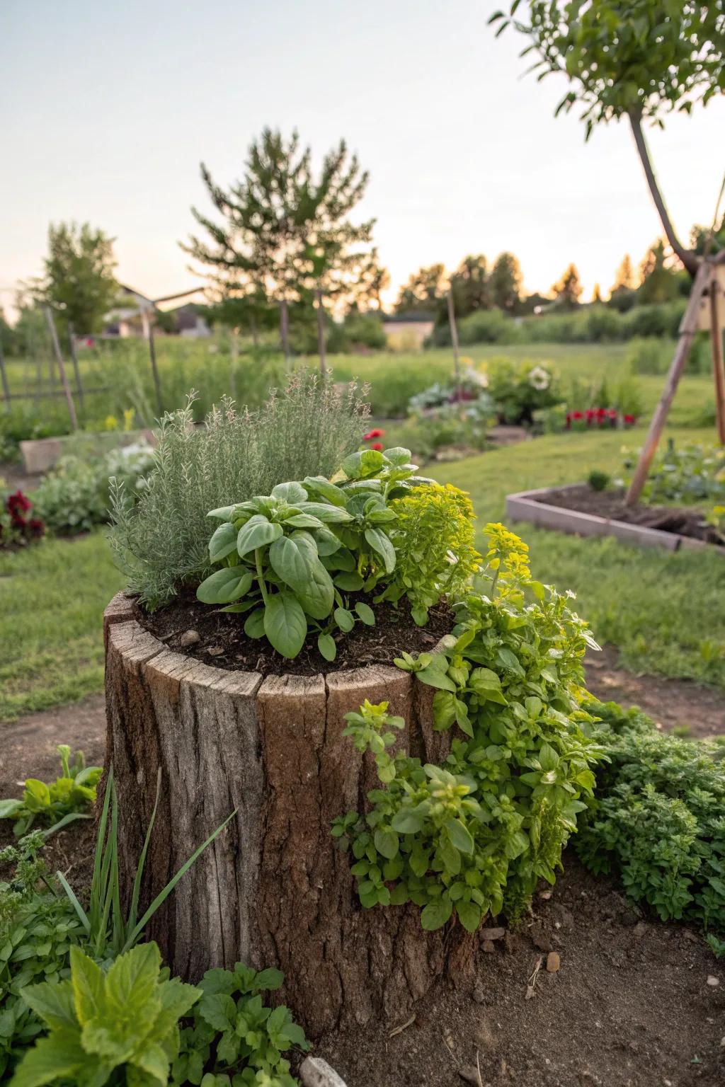 A small herb garden comfortably situated inside a tree stump.