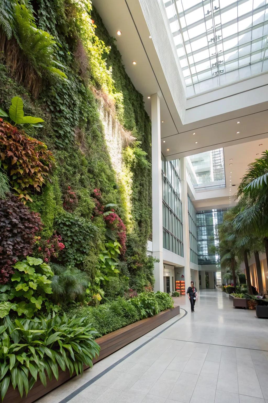 A vibrant vertical flora wall integrating nature into a home atrium.