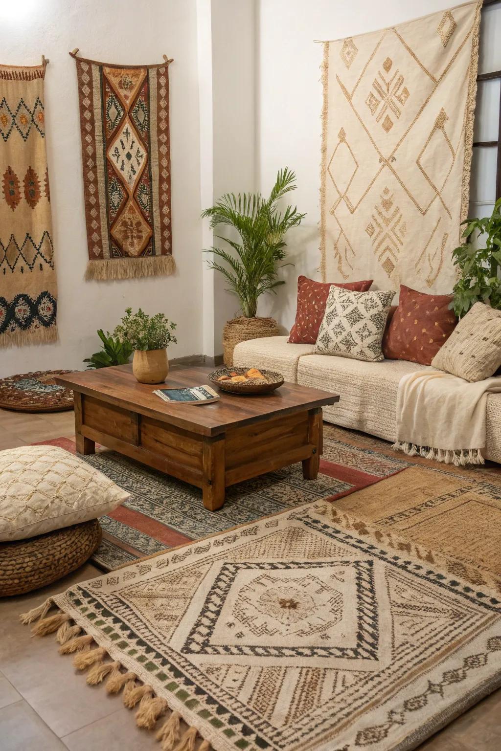 A room featuring hand-woven textiles