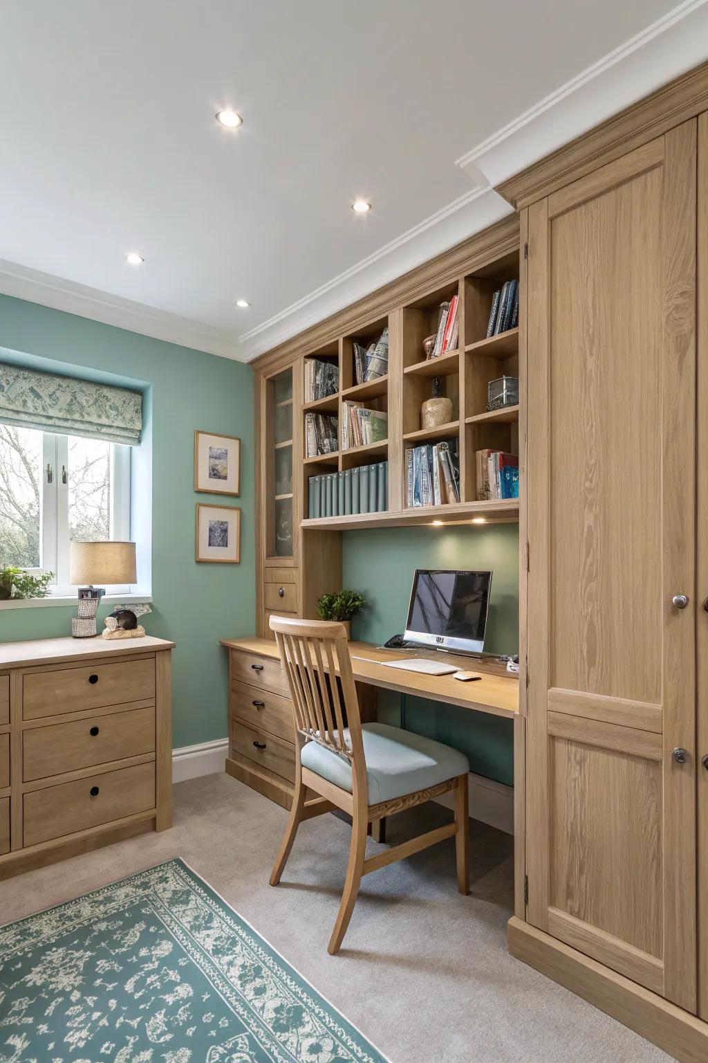 Seafoam walls fashion a tranquil and revitalizing ambiance within this personal office.