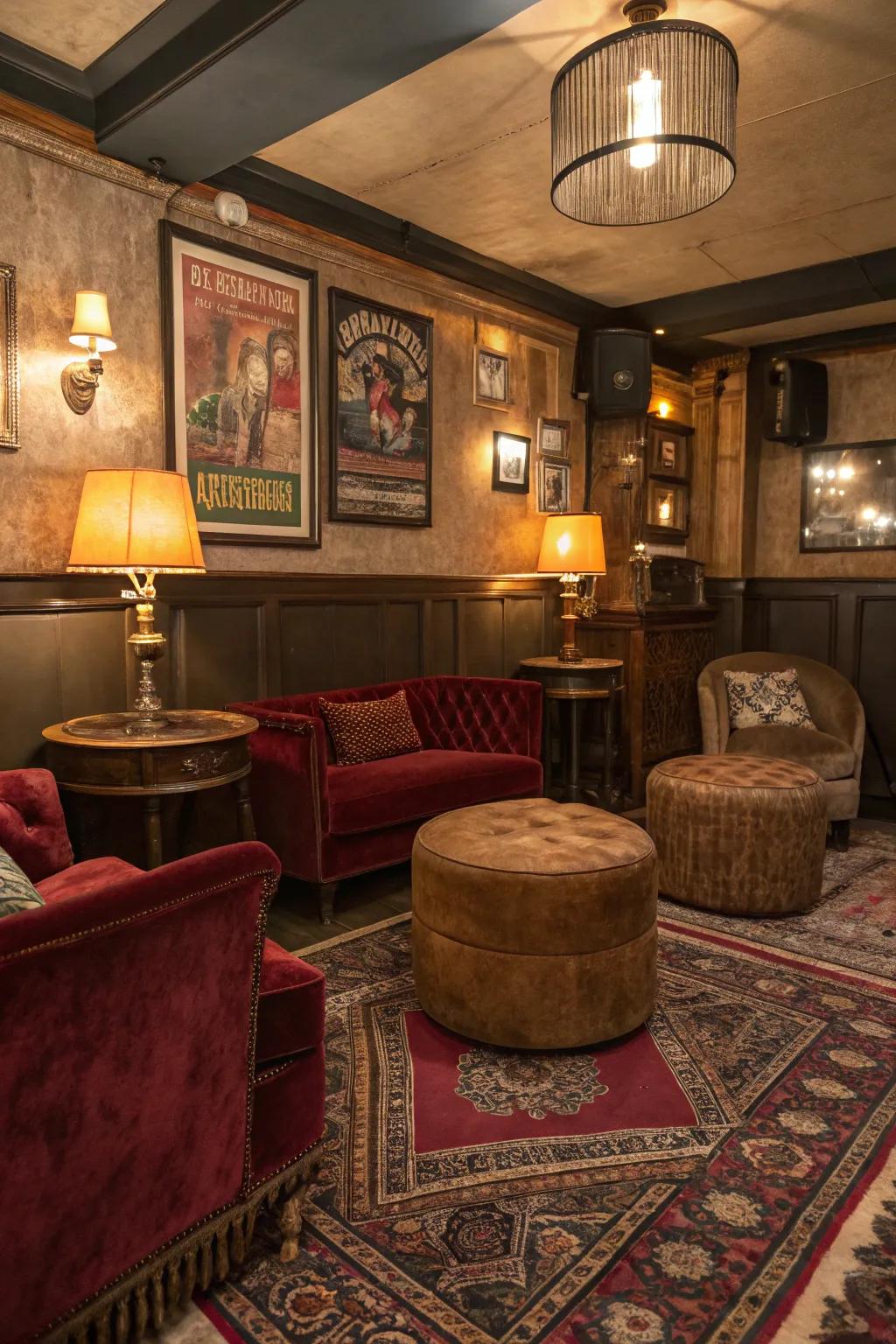 Silky textures contribute comfort and style to your home speakeasy.