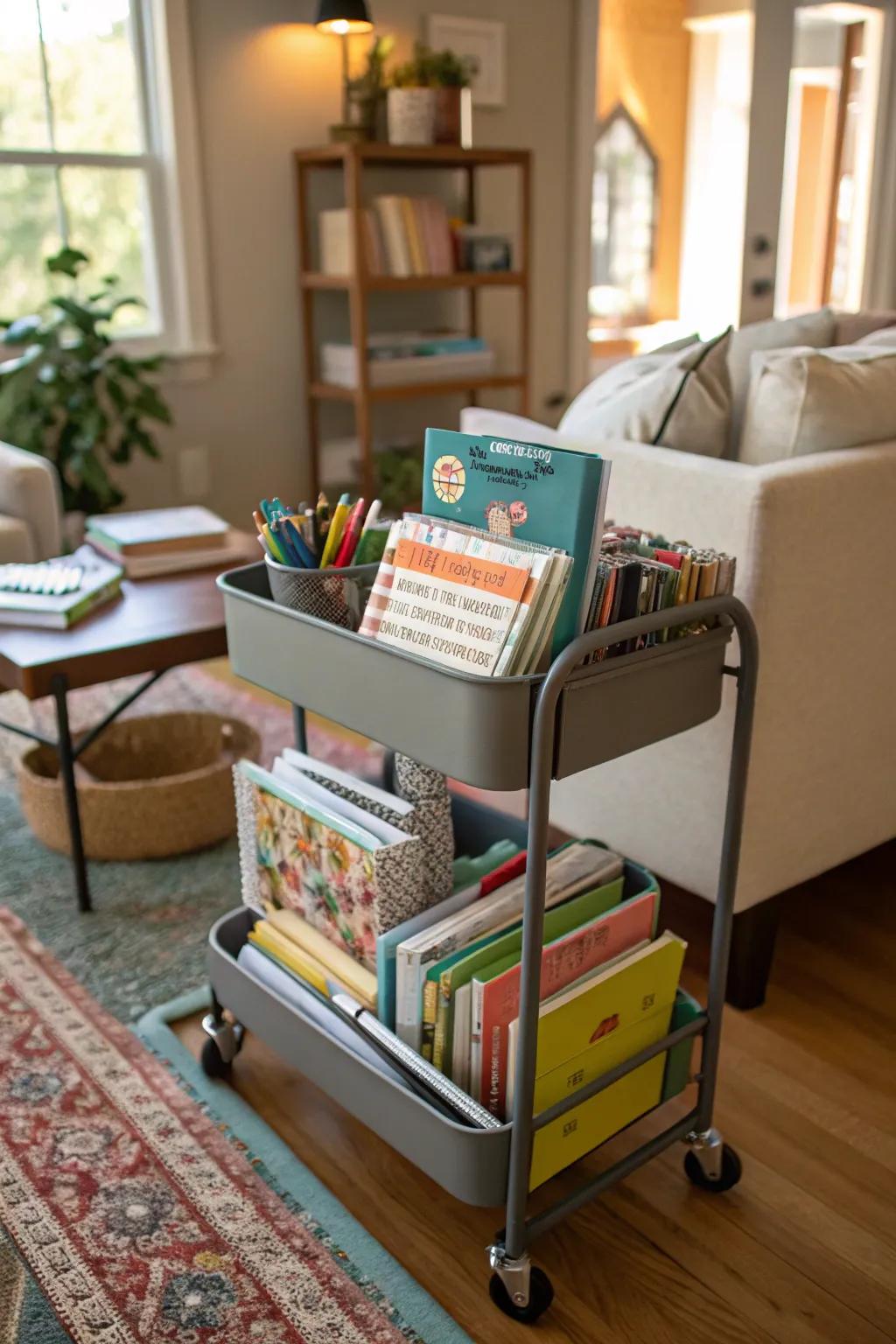 Because rolling carts are portable and adaptable, homeschooling is possible anywhere in the house.