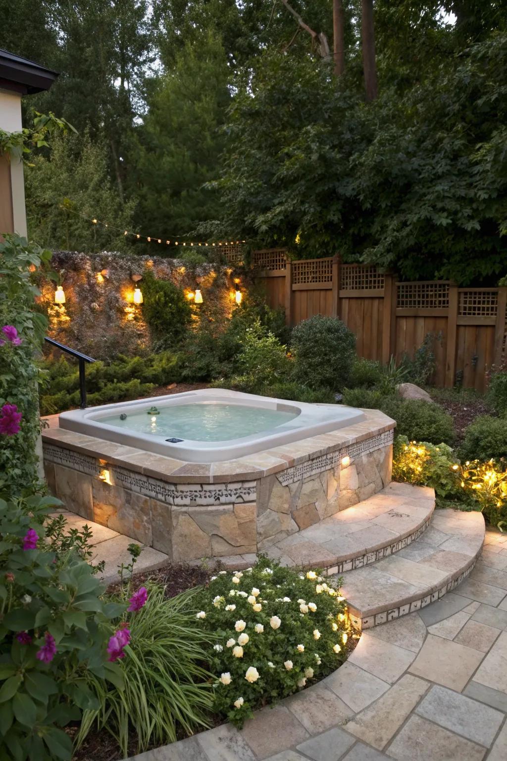 Stone accents bring sophistication and beauty to your hot tub spot.