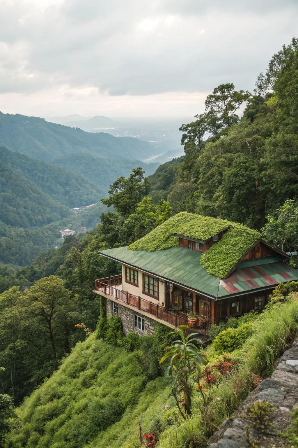 A green roof blends into the landscape.