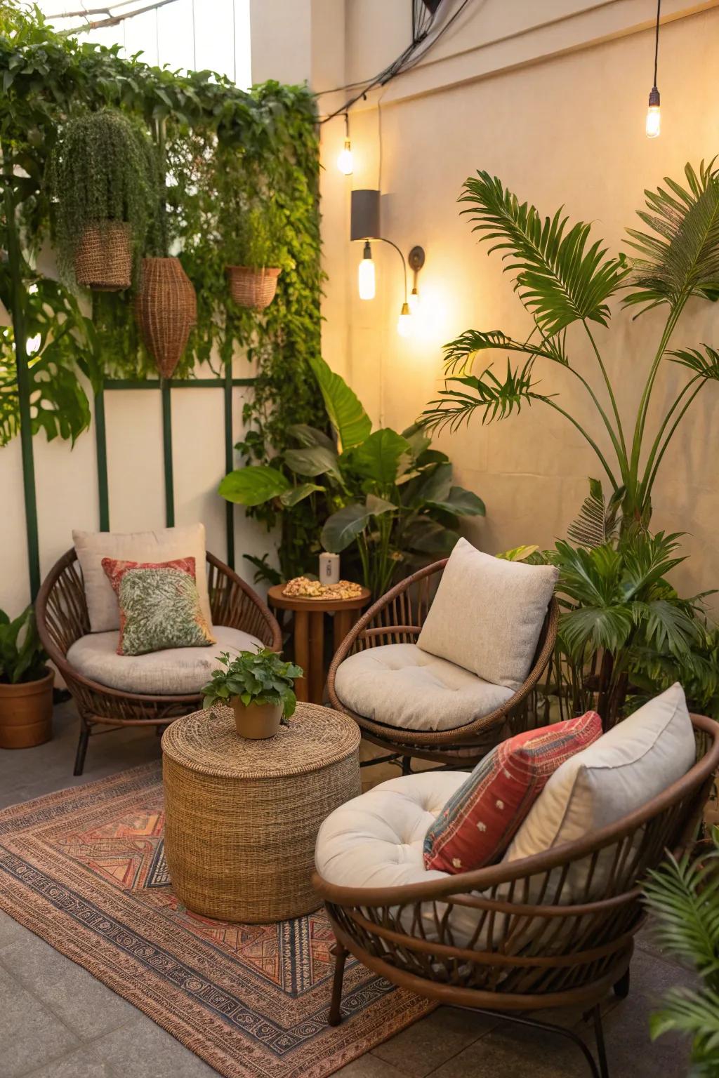 Fashion snug corners using cushions and plants for a welcoming vibe.