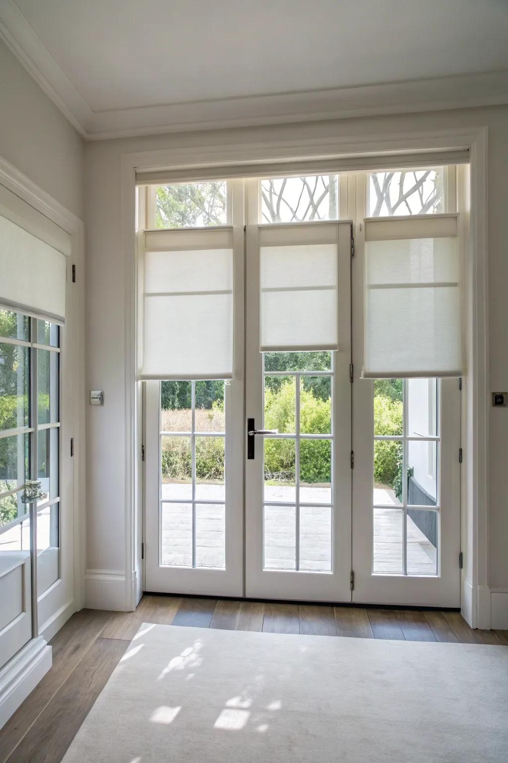 Roller shades deliver a straightforward and modern solution for French doors.
