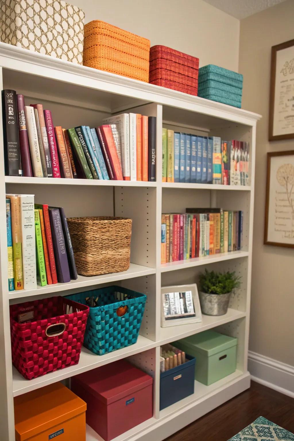 A bookshelf showcasing ornamental stowing solutions.