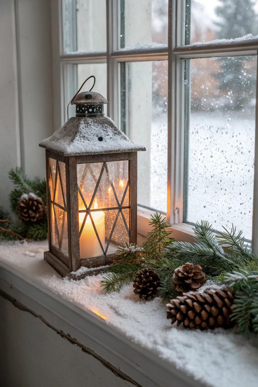 Enchanting winter season paradise lantern with seasonal foliage.