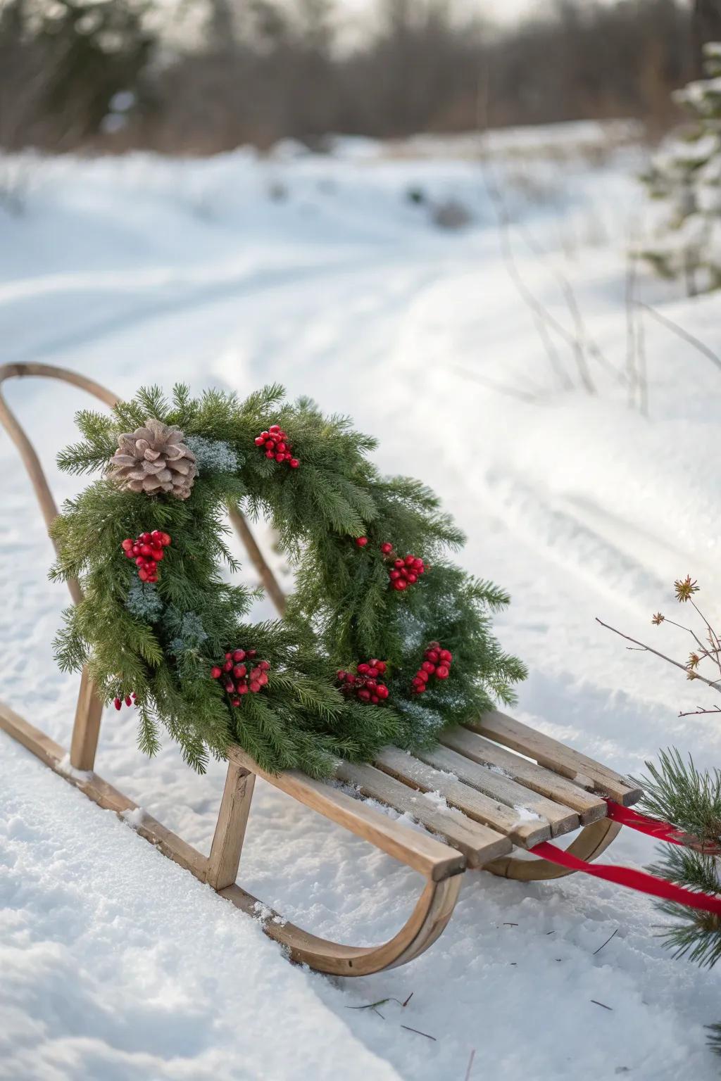 A festive sled featuring a decorative wreath