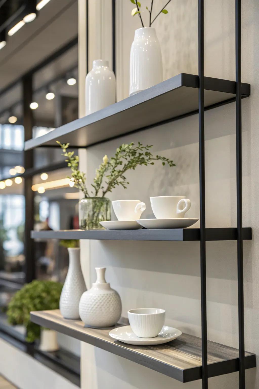 Minimalist wall-mounted shelves gracefully displaying a china selection.