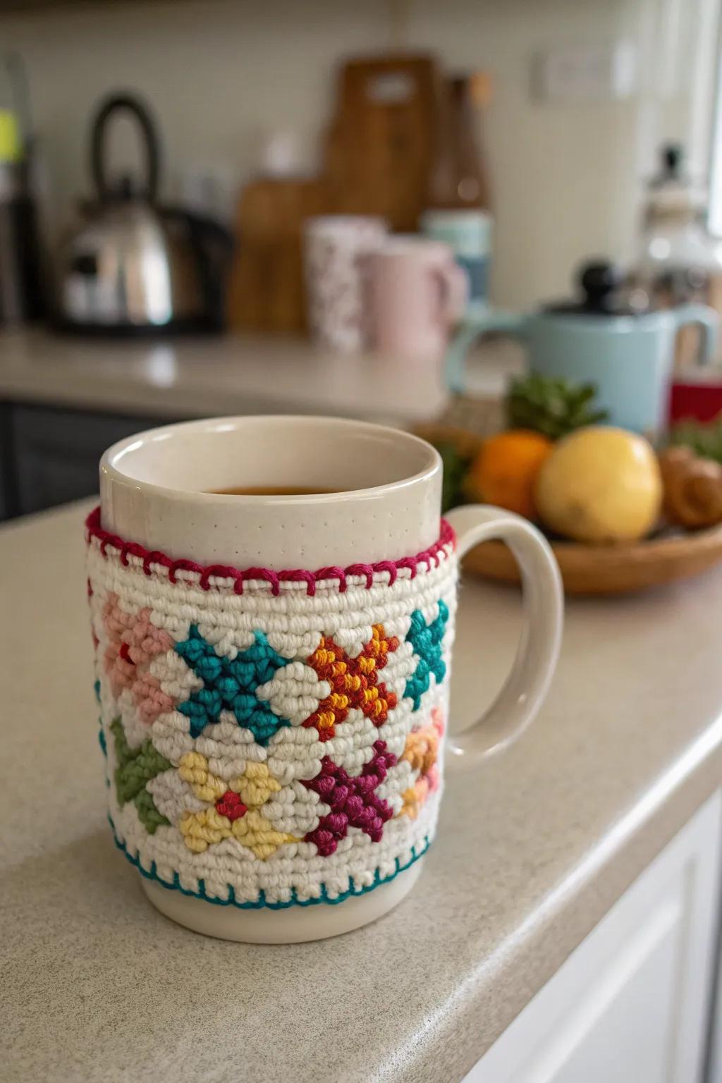 Cross stitch mug wraps add a cozy touch to your kitchenware