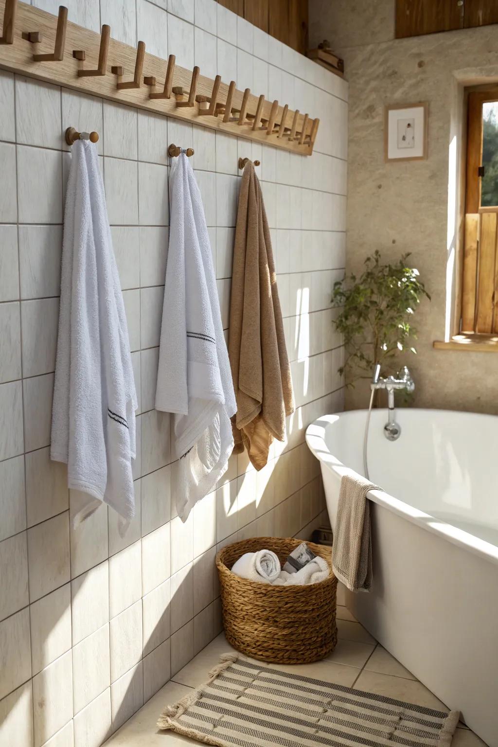 Wooden pegs add a natural and cozy touch to hanging towels.