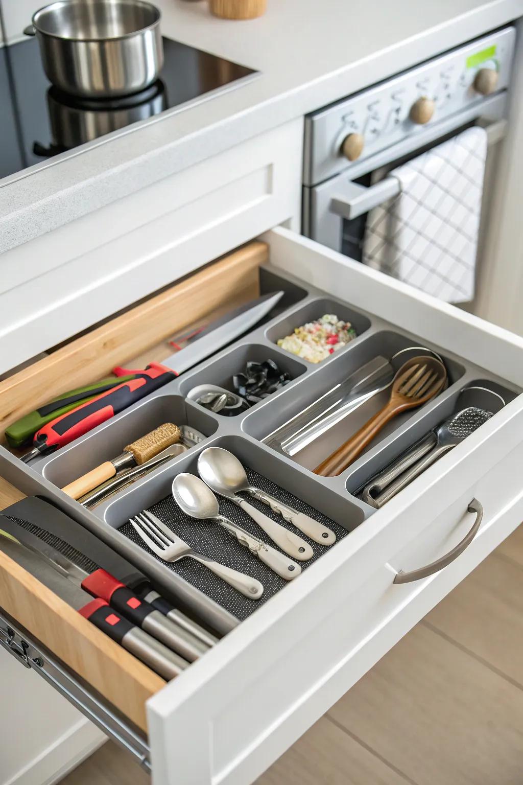Drawer organizers for a neat kitchen.
