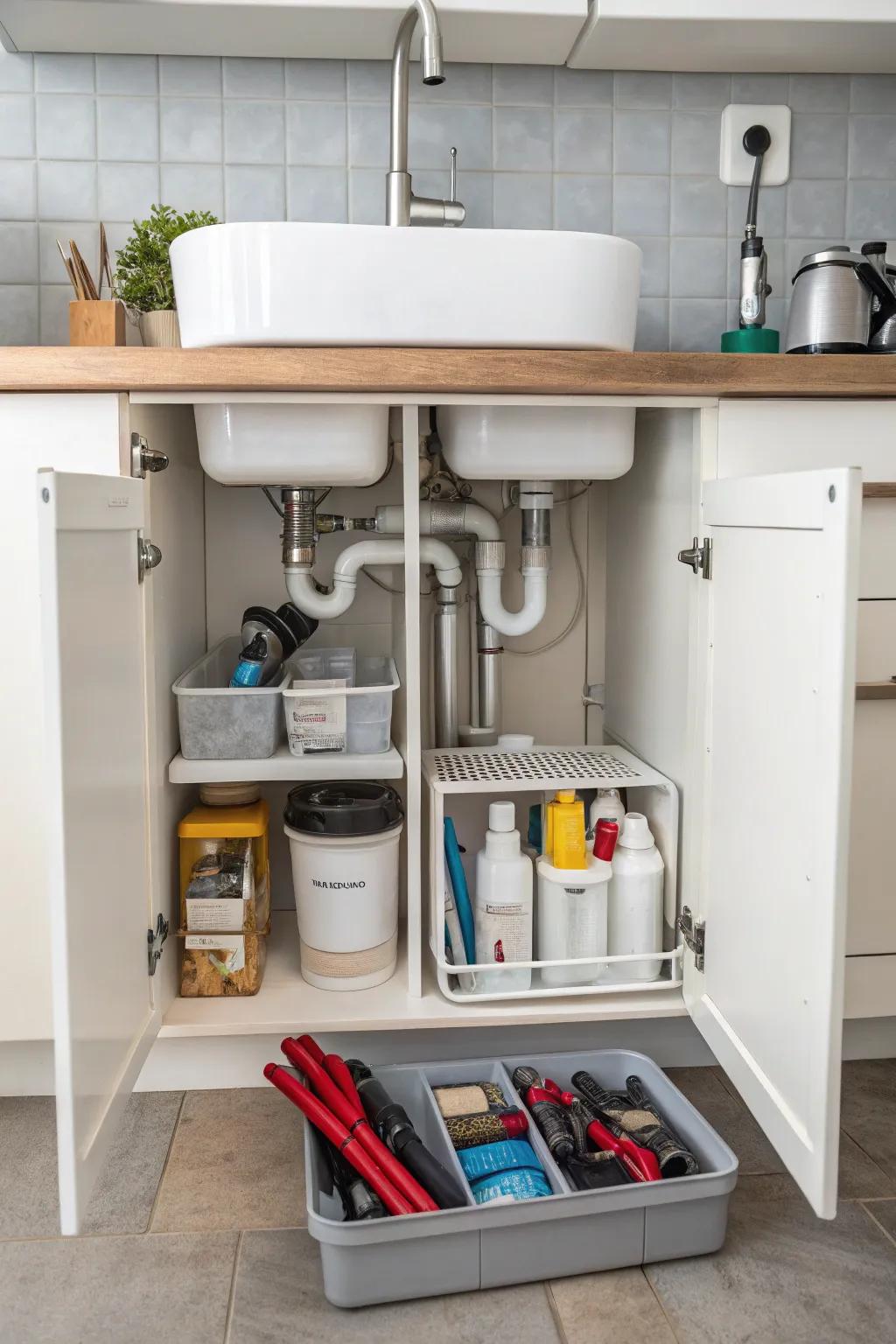 Under-sink cabinet featuring organizers that fit around plumbing, maximizing storage.