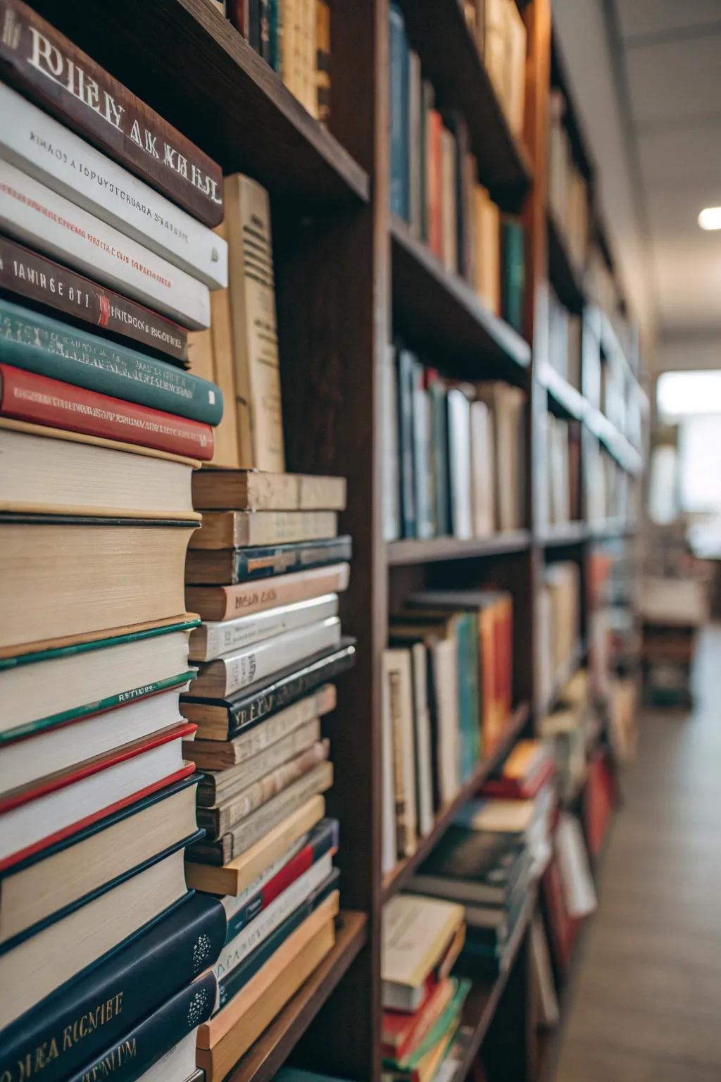 Layered stacking adds depth to a bookshelf