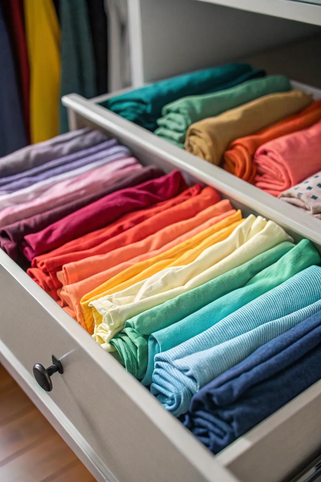 Aesthetic placement of apparel for a visually pleasing and functional drawer.