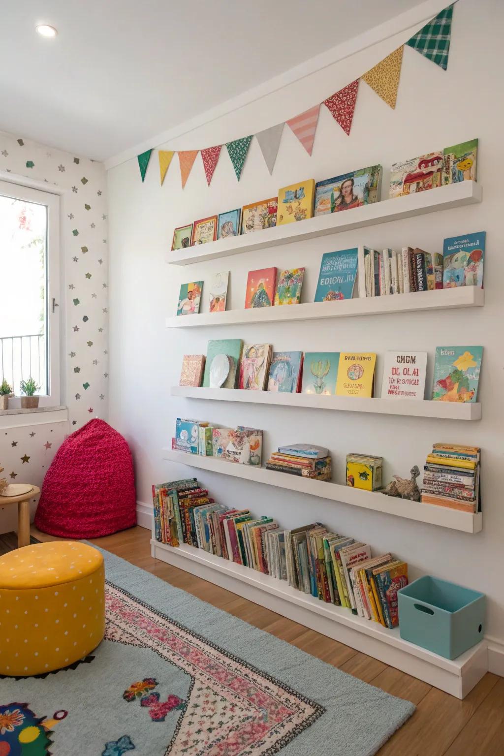 Bookshelves on the wall make more floor space and make kids want to read.