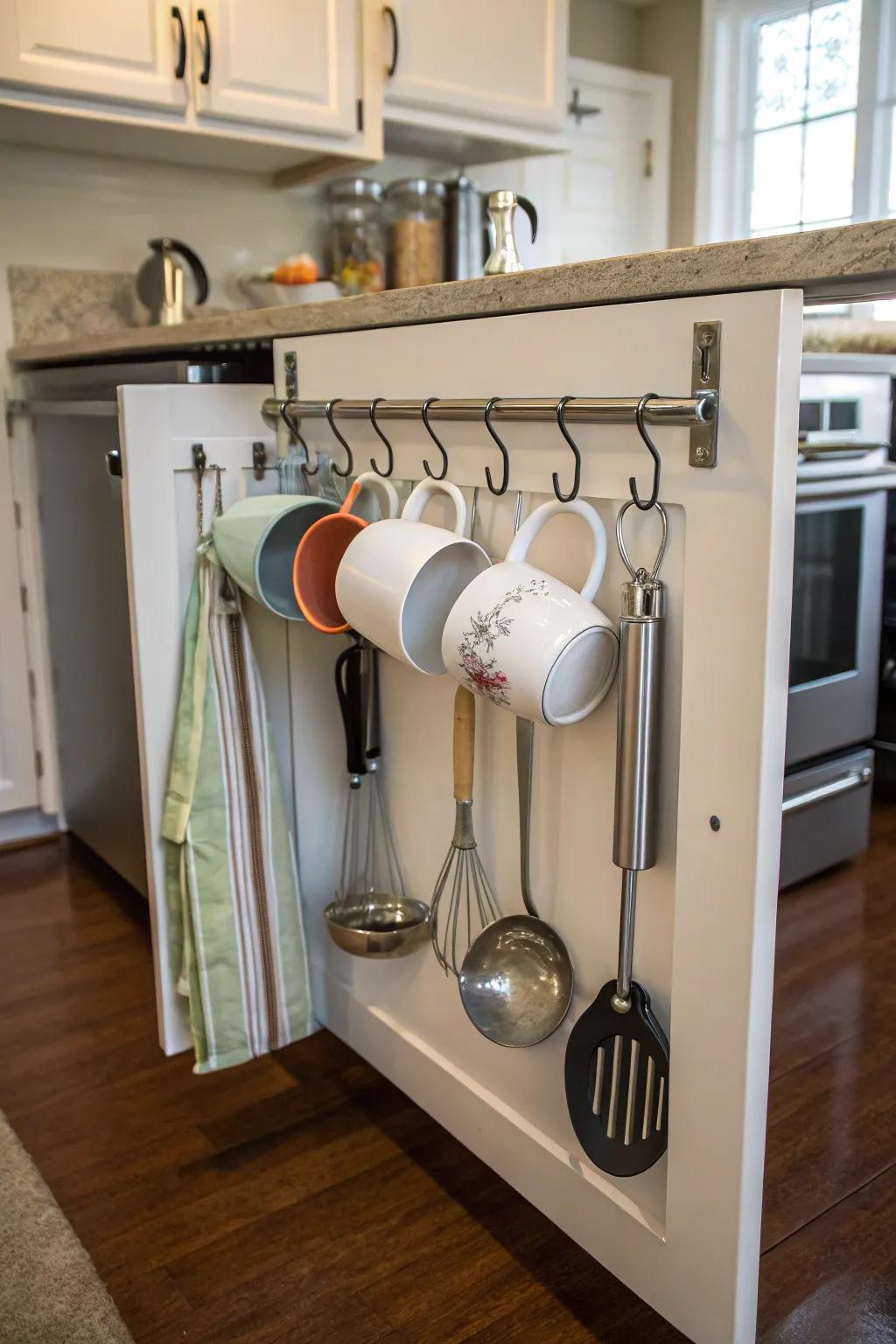 Hooks and racks make the most of available cabinet door space.